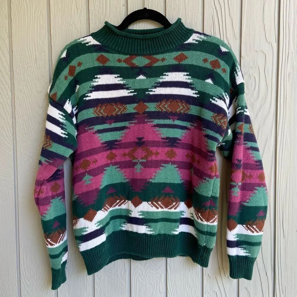 Vintage 90s Green AztecโSweater Paris Sports Club SZ S